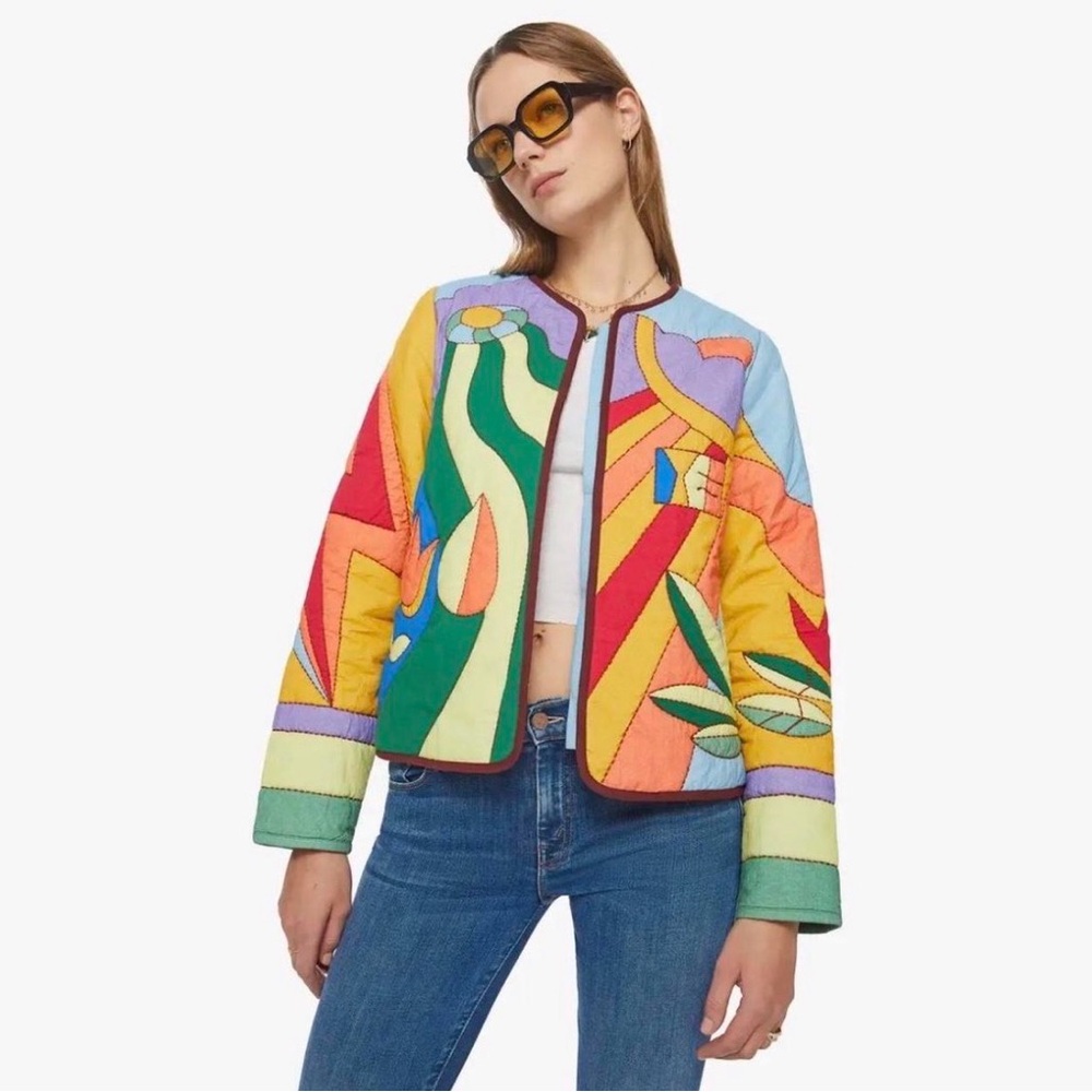MOTHER Multicolor Quilted Bomber Jacket with Green & Yellow Panels